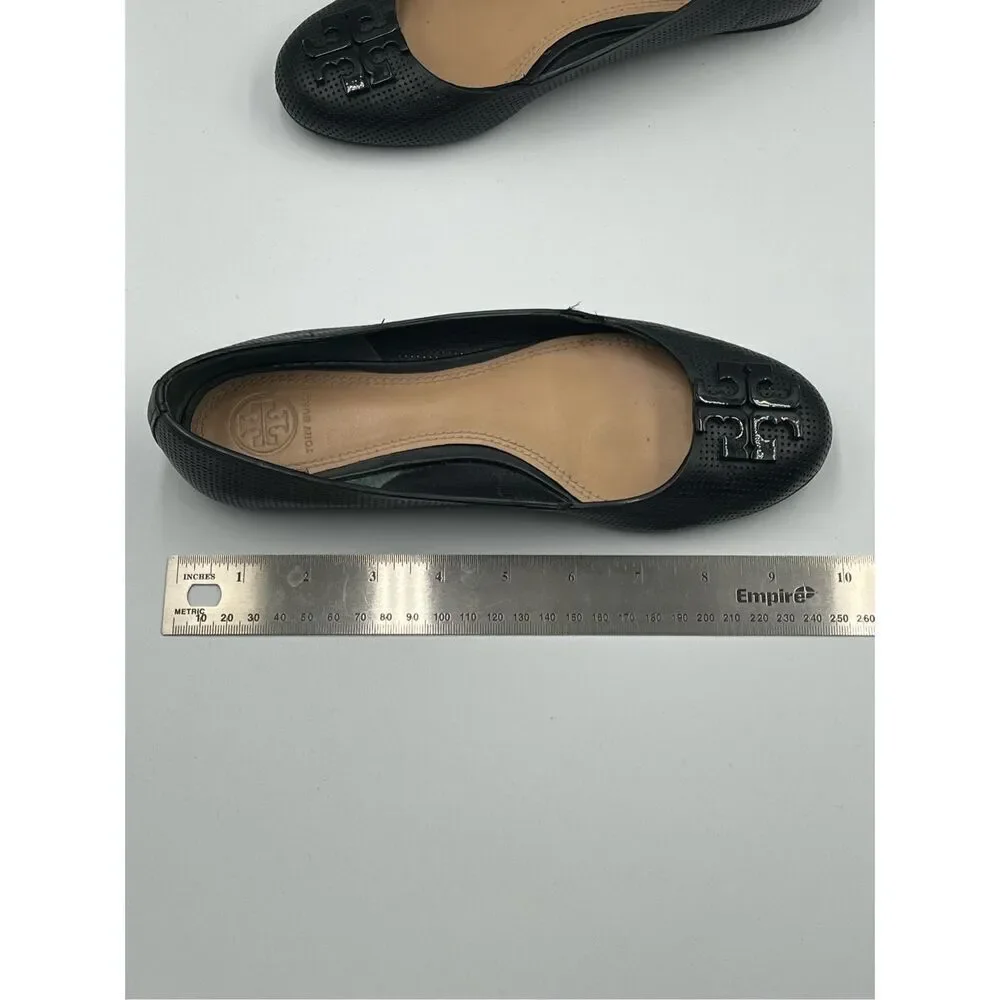 Tory Burch Lowell 2 Perforated Black Leather Ballerina Ballet Flat w Logo Size 7